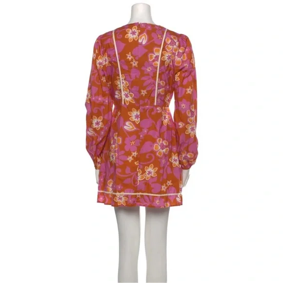 Warm 70s Style Floral Pink and Orange Long Sleeve Dress Zip Back Size 1 - Picture 3 of 6